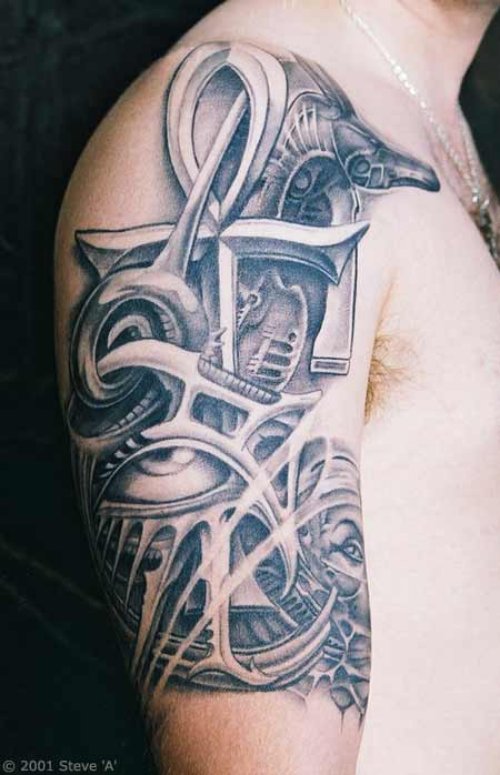 Grey Ink Ankh And Horus Eye Tattoo On Half Sleeve